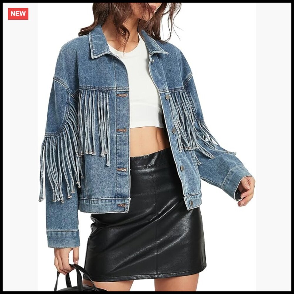 Oversized Fringed Denim Jacket Western Chic Long Sleeve Y2K Concert Outfit